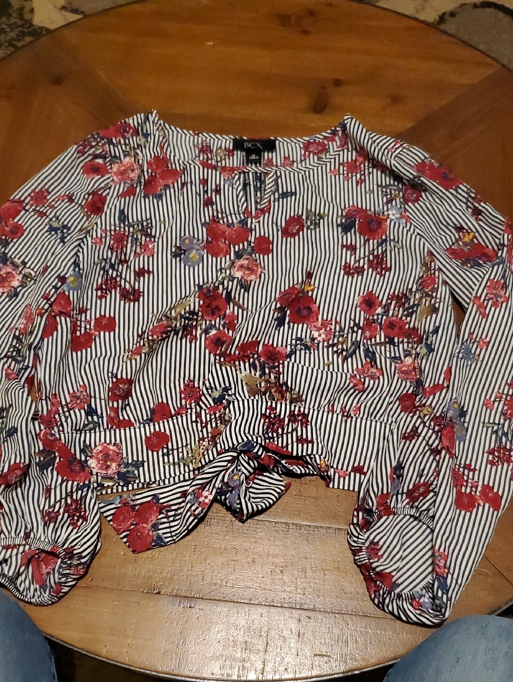 BCX Navy & White Striped Blouse with Red Floral Print and Front Knot
